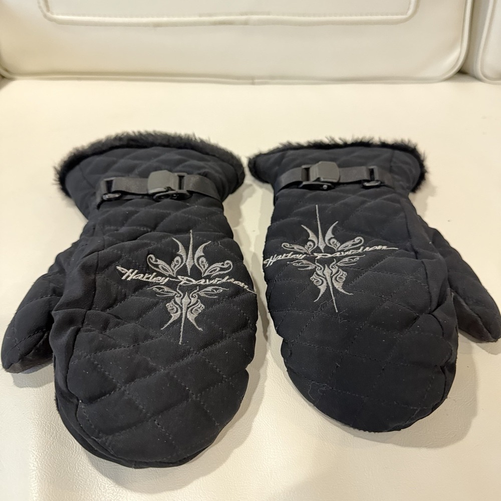 Harley-Davidson Women's Small Quilted Winter Mittens Black Faux Fur 2005 - Picture 4 of 12